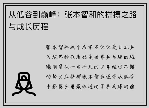 从低谷到巅峰：张本智和的拼搏之路与成长历程