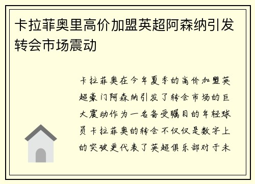 卡拉菲奥里高价加盟英超阿森纳引发转会市场震动
