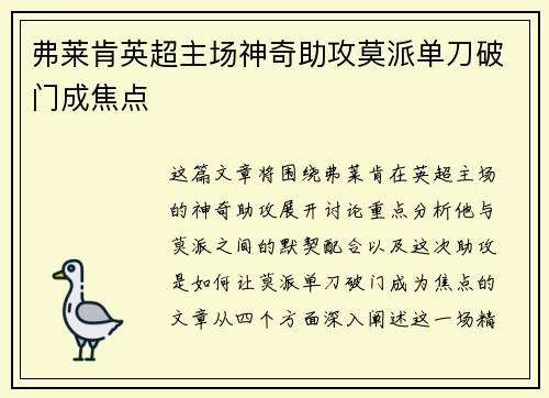 弗莱肯英超主场神奇助攻莫派单刀破门成焦点
